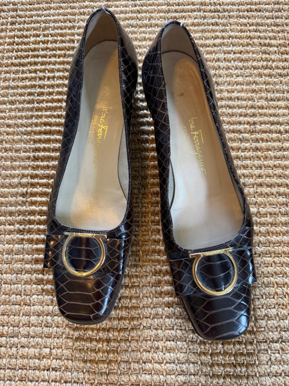 Salvatore Ferragamo Brown Croc-Embossed Leather Flats with Gold Gancini